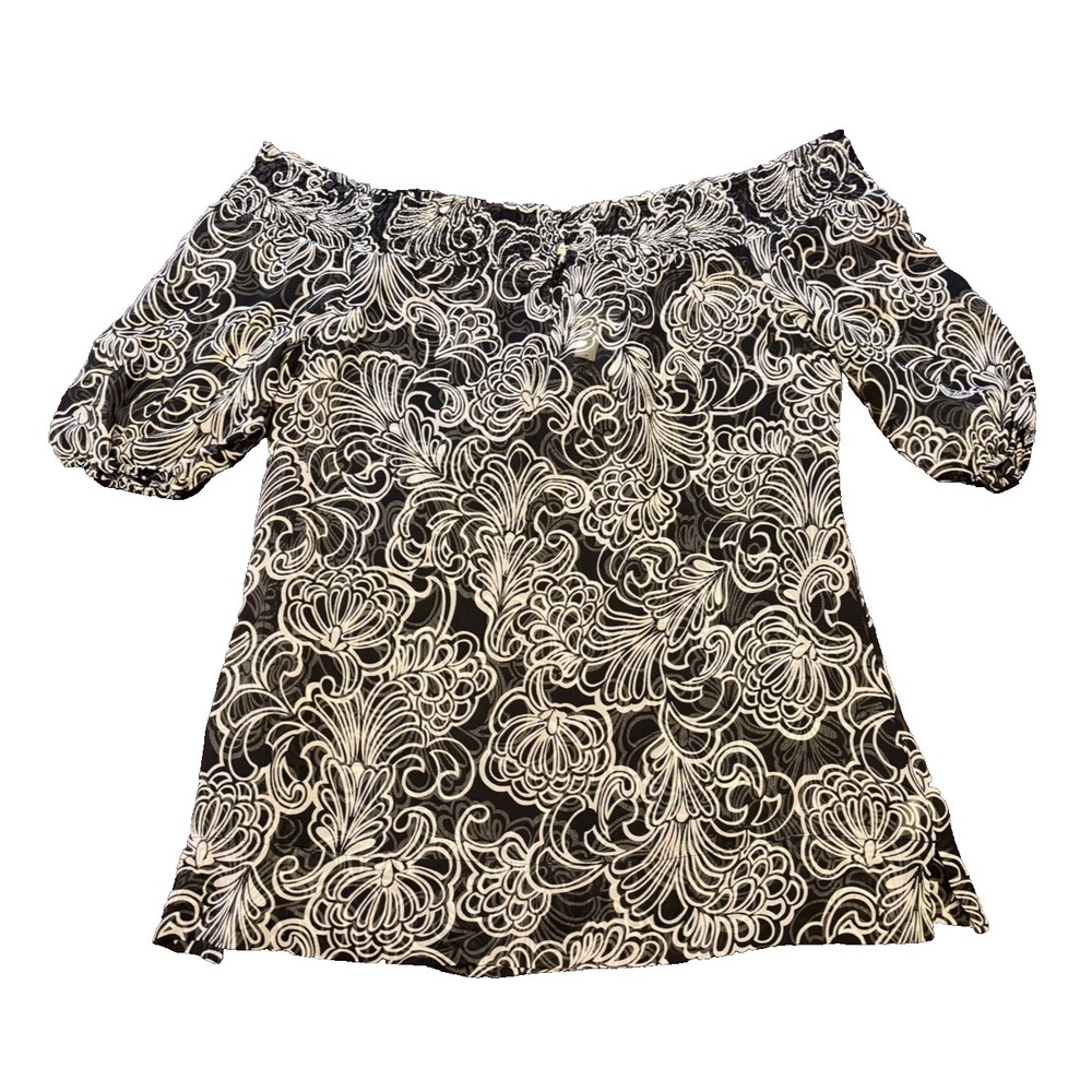 White House Black Market 100% Silk Sheer Off the Shoulder Top XL Keyhole Neck‎